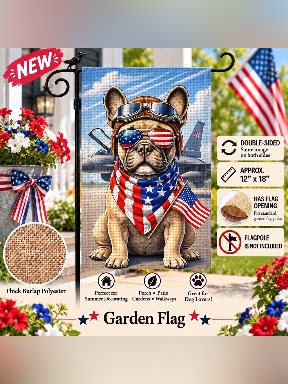 Garden flag Patriotic Bulldog – burlap polyester double sided 12” x 18”